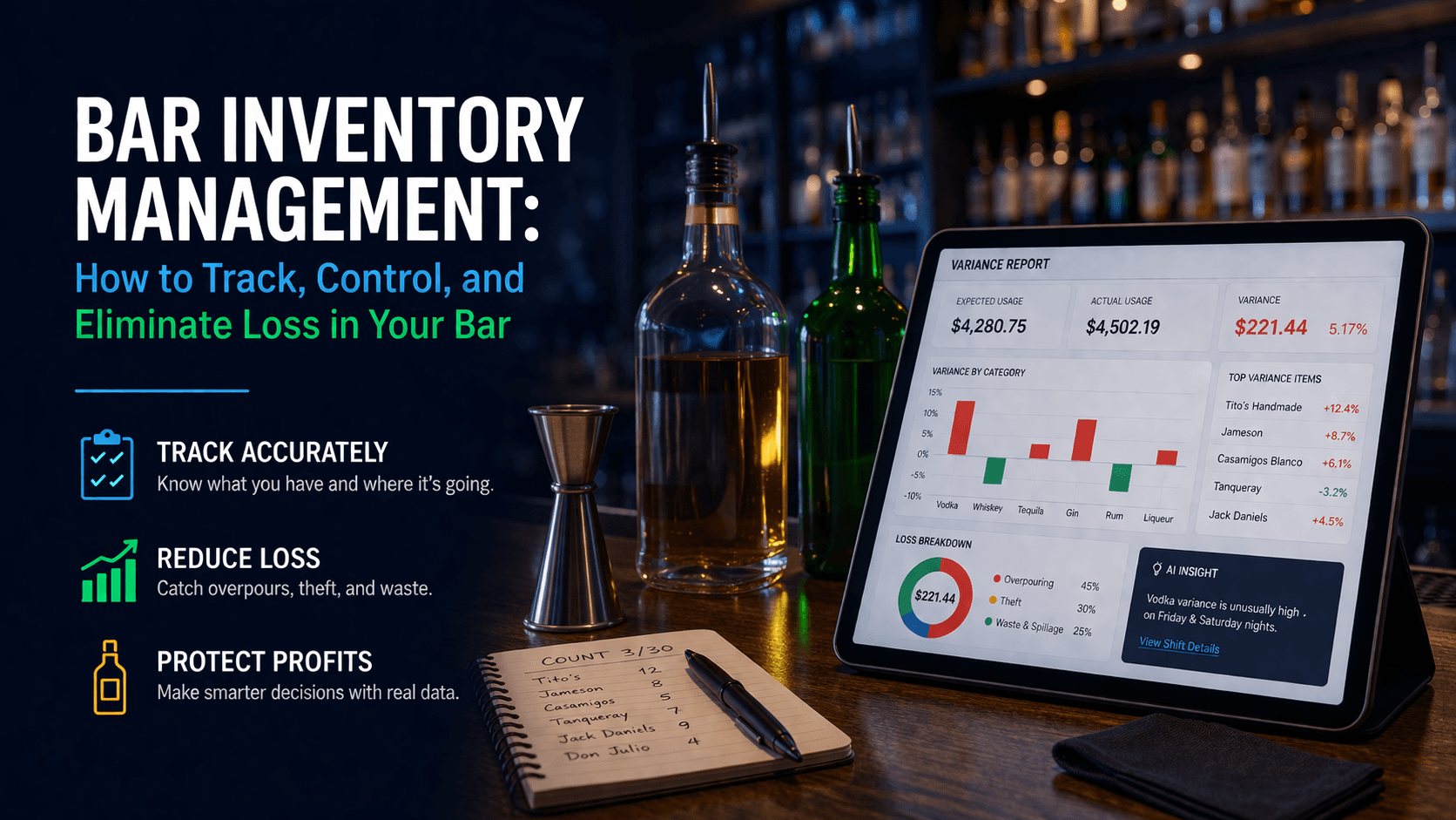 bar manager reviewing inventory tracking system to eliminate stock loss