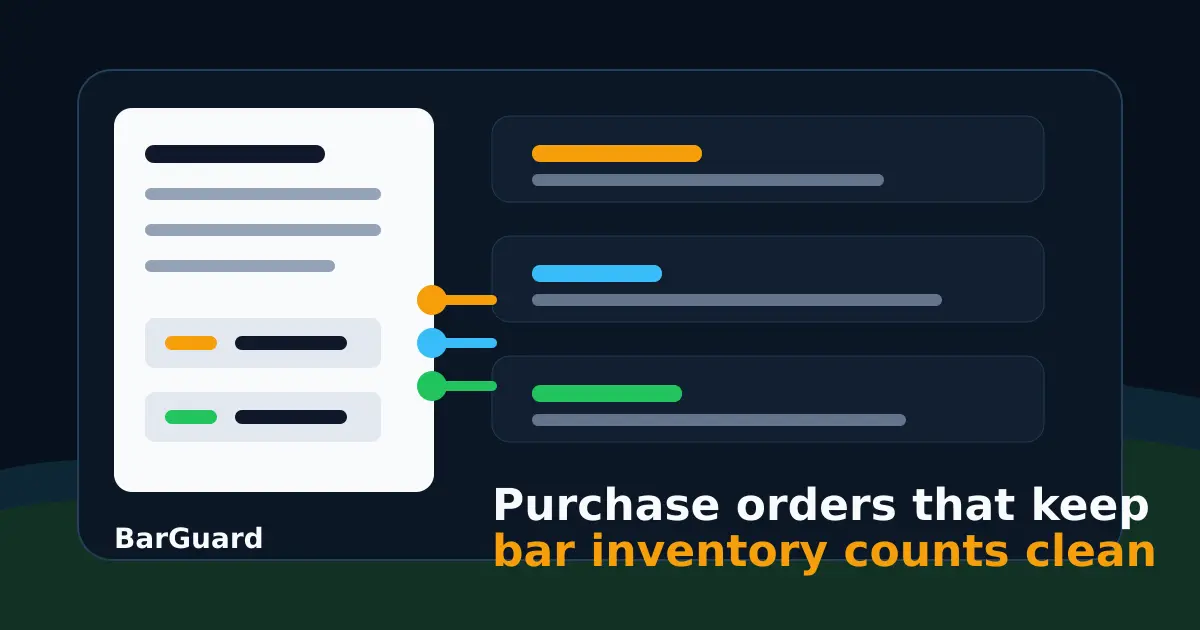 bar inventory purchase orders dashboard with vendor receiving line items and stock variance controls
