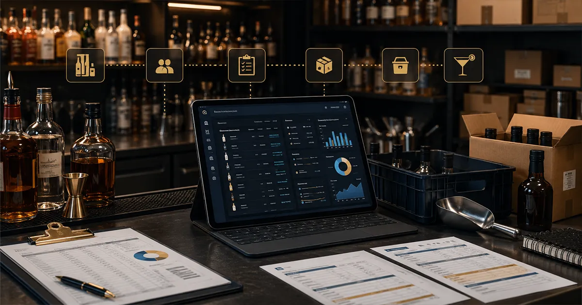 bar inventory system setup showing items vendors purchase orders receiving waste and recipes