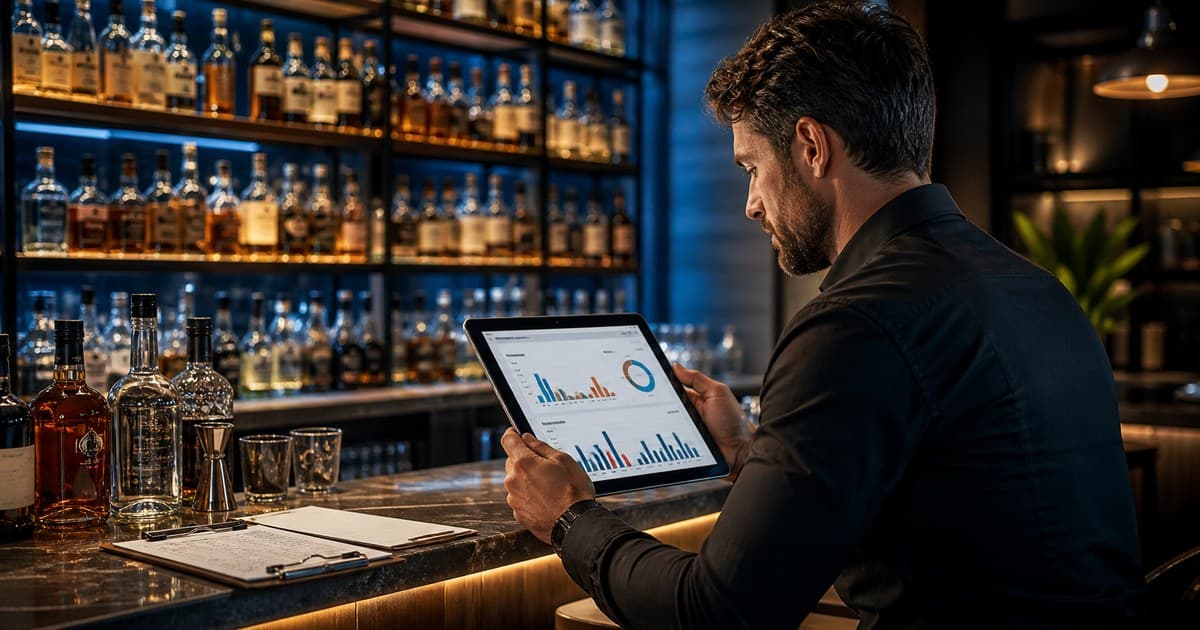 bar manager reviewing inventory variance report on a tablet with liquor bottles in the background