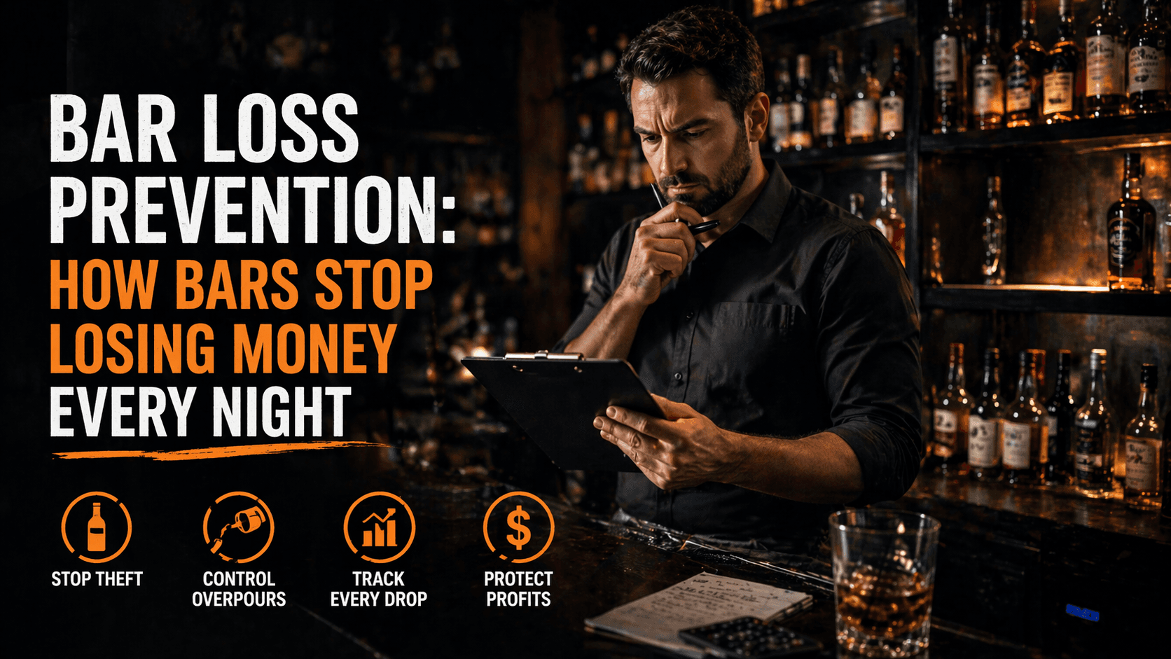 bar manager reviewing inventory variance report on tablet with bottles lined up on the back bar