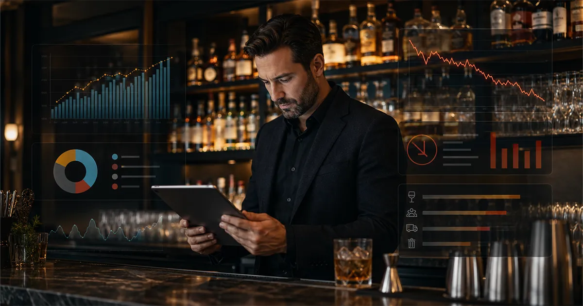 bar owner reviewing bar profit margin revenue and cost data