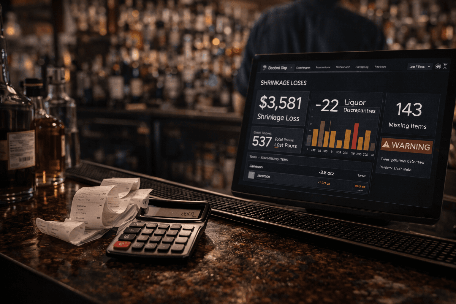 bar owner reviewing inventory shrinkage data
