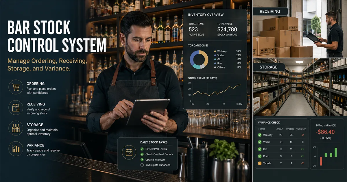 bar stock control system dashboard showing ordering receiving storage counts waste and variance