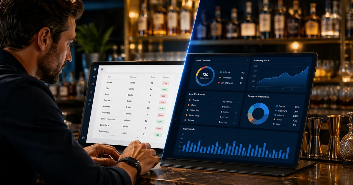 bar inventory app comparison dashboard with liquor bottles and mobile inventory tools