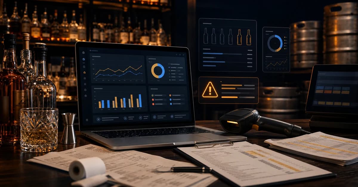 beverage management software dashboard showing POS sales invoices and variance reporting