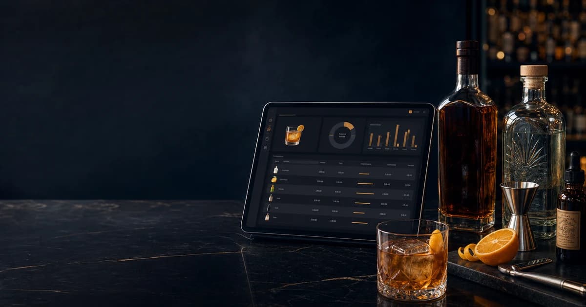 cocktail recipe costing worksheet with liquor bottles jigger citrus garnish and tablet