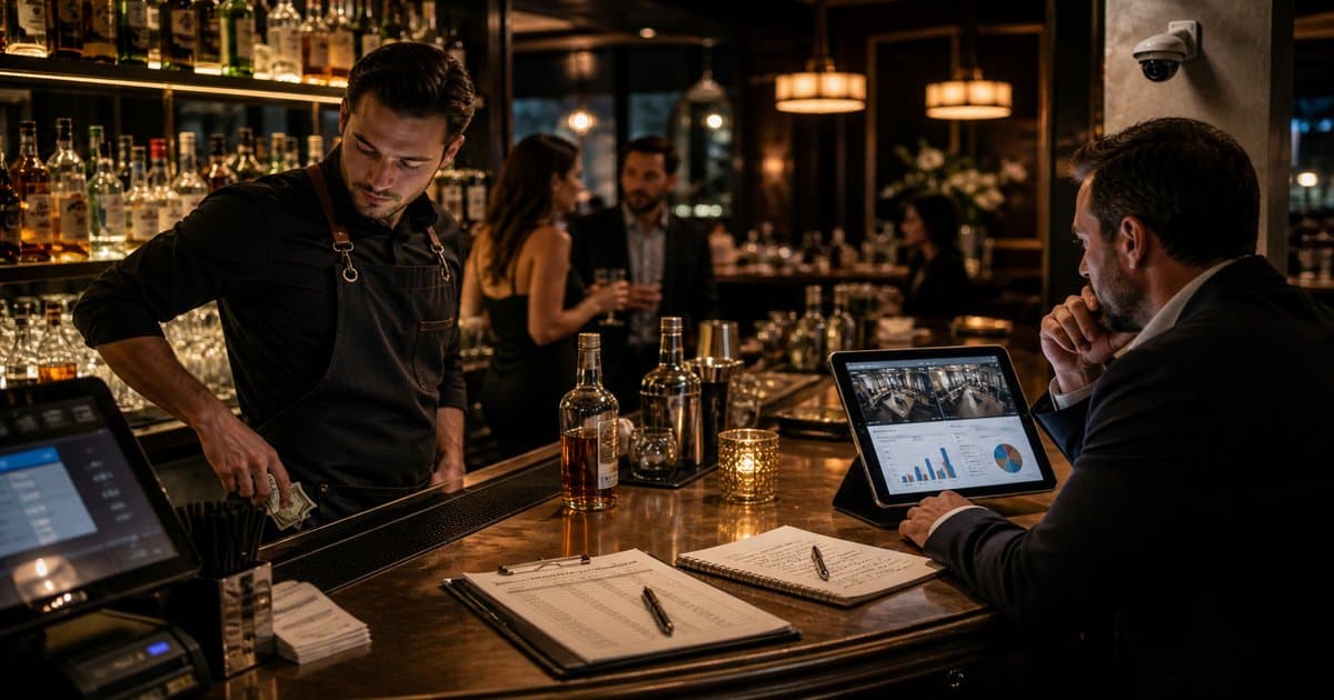 bar manager reviewing inventory variance data to detect common bartender theft methods