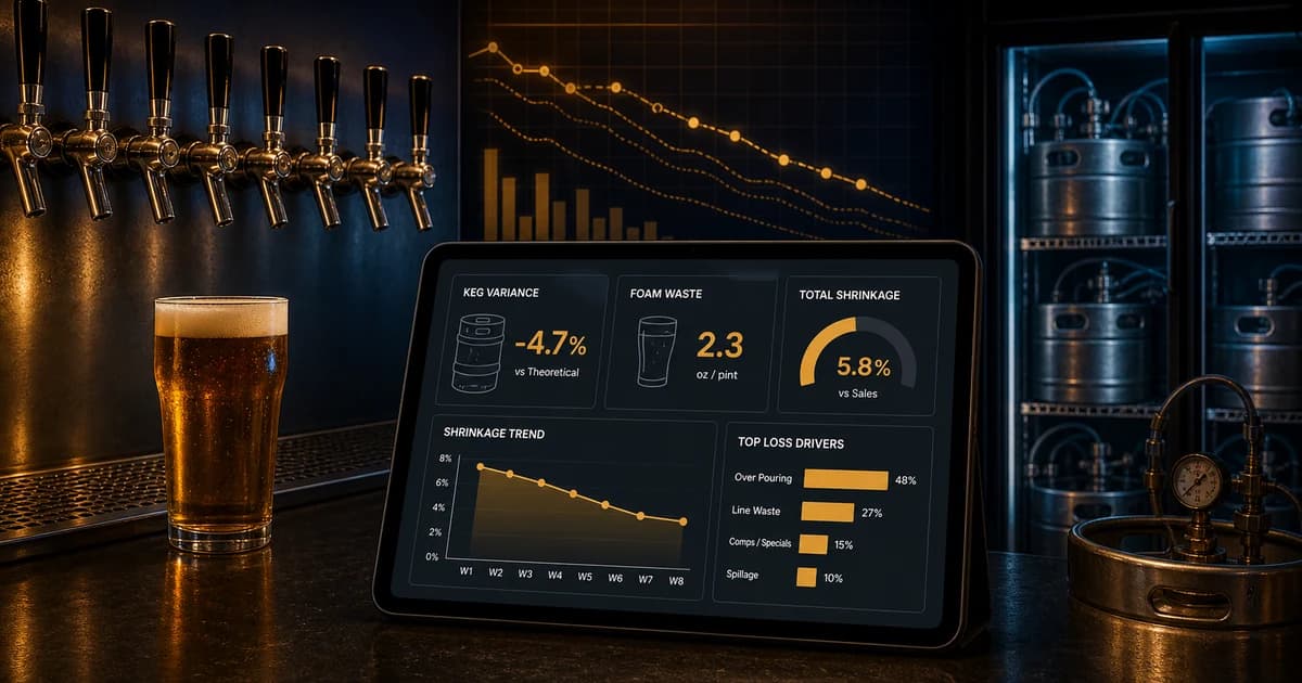draft beer shrinkage dashboard showing keg variance foam waste and tap loss