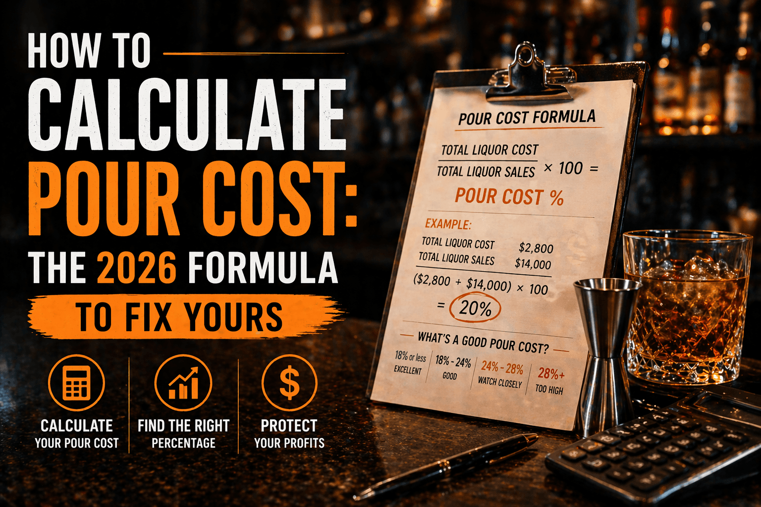 bar manager calculating pour cost percentage with liquor bottles and financial data