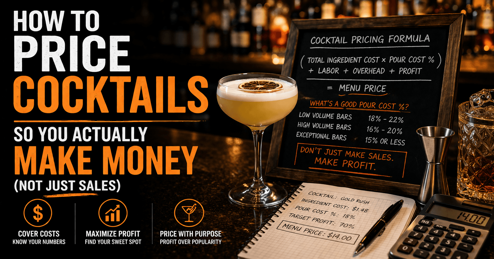 bar manager reviewing cocktail menu pricing with cost breakdown spreadsheet