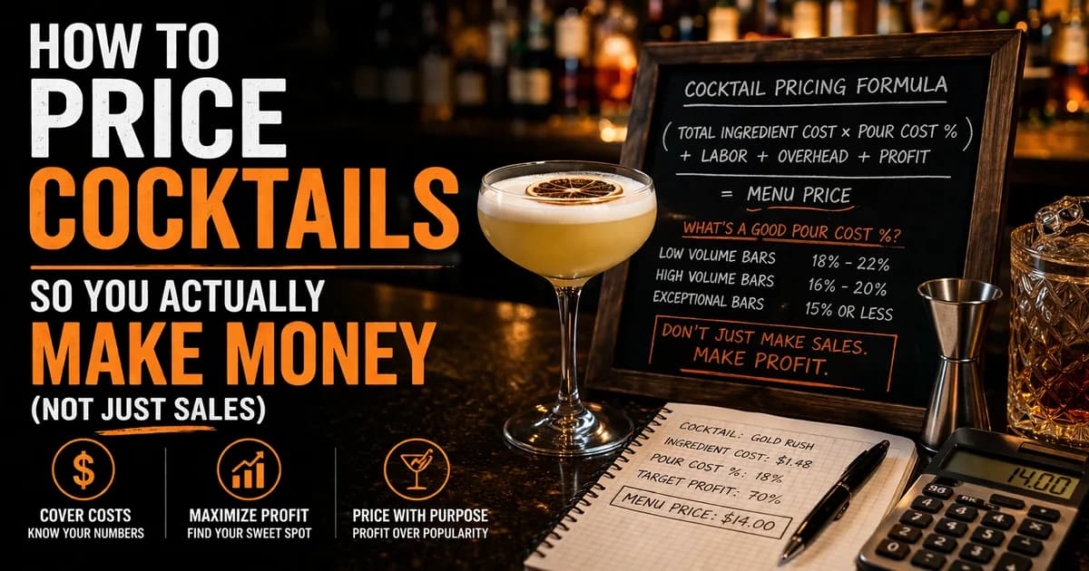 bar manager reviewing cocktail menu pricing with cost breakdown spreadsheet