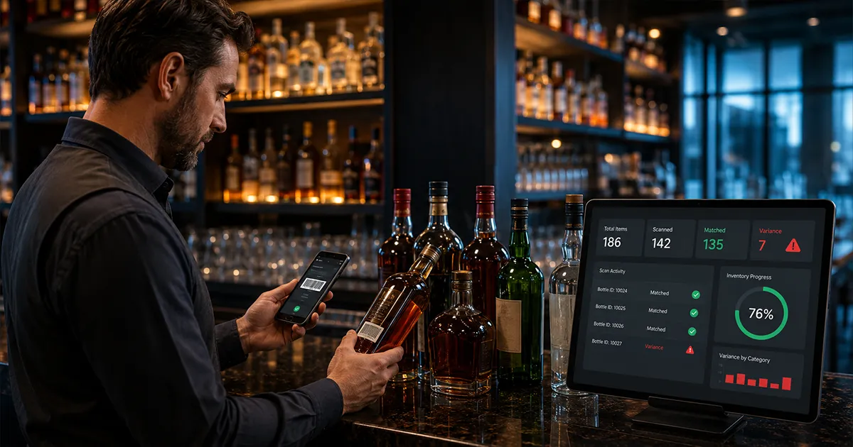 liquor inventory scanner app scanning bottles behind a bar for faster inventory counts
