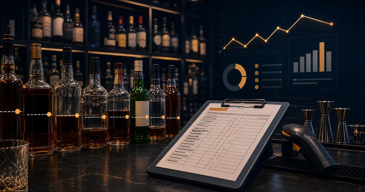 liquor stocktake count sheet with bottles partial levels barcode scanner and variance analytics