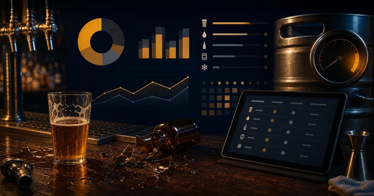 ullage reporting dashboard with draft beer waste spilled product broken bottle and variance tracking