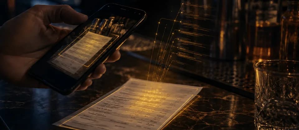 Phone camera scanning a bar invoice with AI extracting line items automatically, no manual data entry