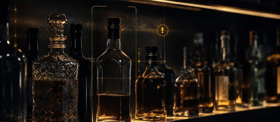 AI flagging a single bottle with an anomaly alert on a bar shelf, pinpointing the exact source of a loss