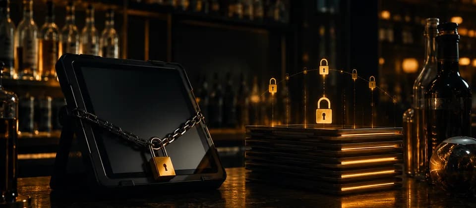 A locked, chained tablet beside a stack of timestamped inventory period snapshots, representing a permanent audit trail