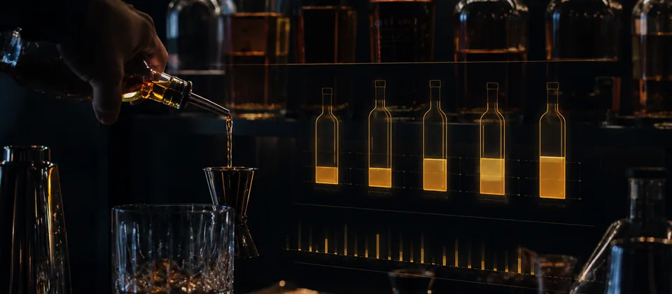 Holographic fill-level tracking overlaying real bar bottles, comparing poured amounts against POS sales