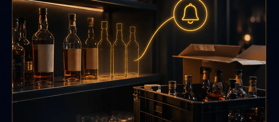 Automated reorder alert bell notifying a bar manager as low-stock bottles arrive in a delivery crate