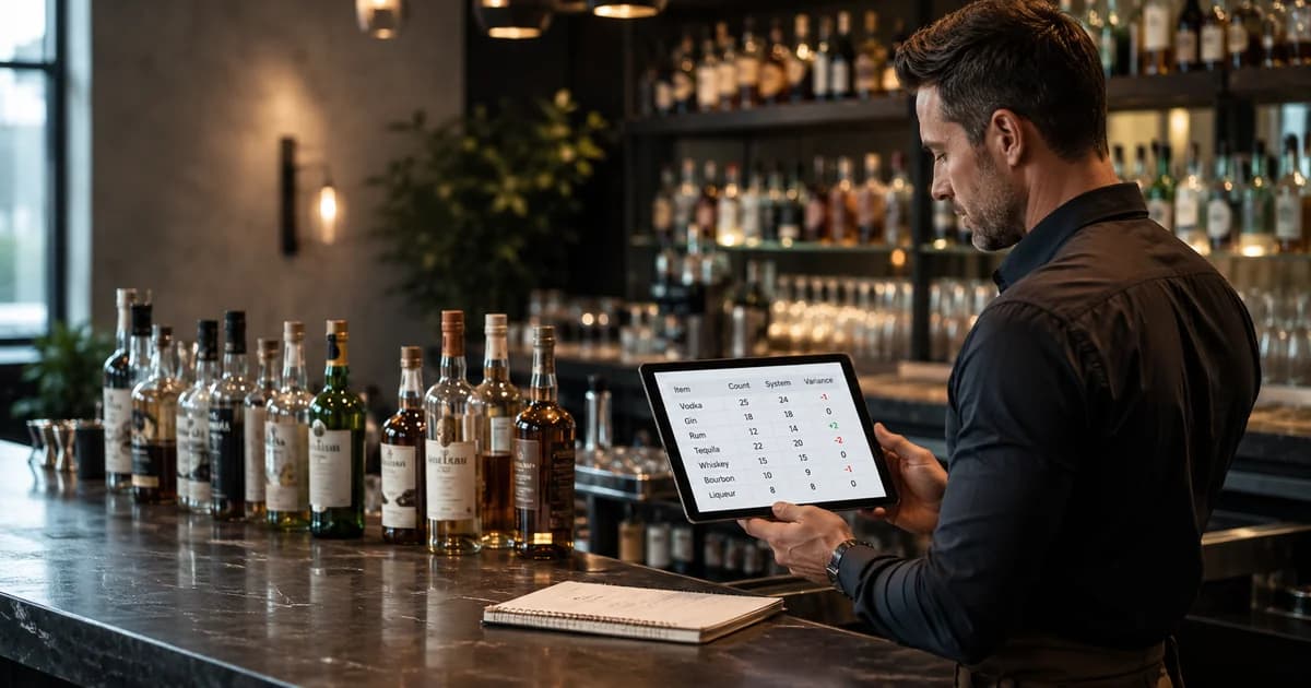 bar manager reviewing an inventory count and variance table on a tablet