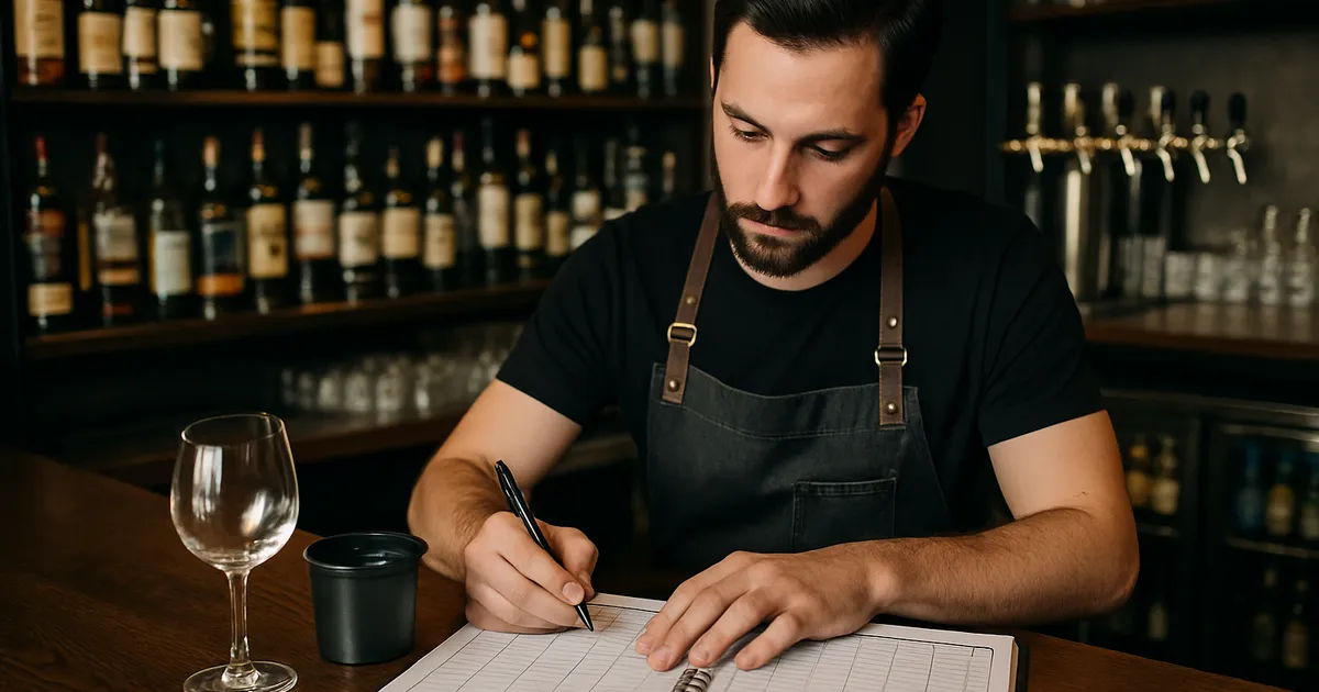 Bartender reviewing inventory clipboard behind a well-stocked bar