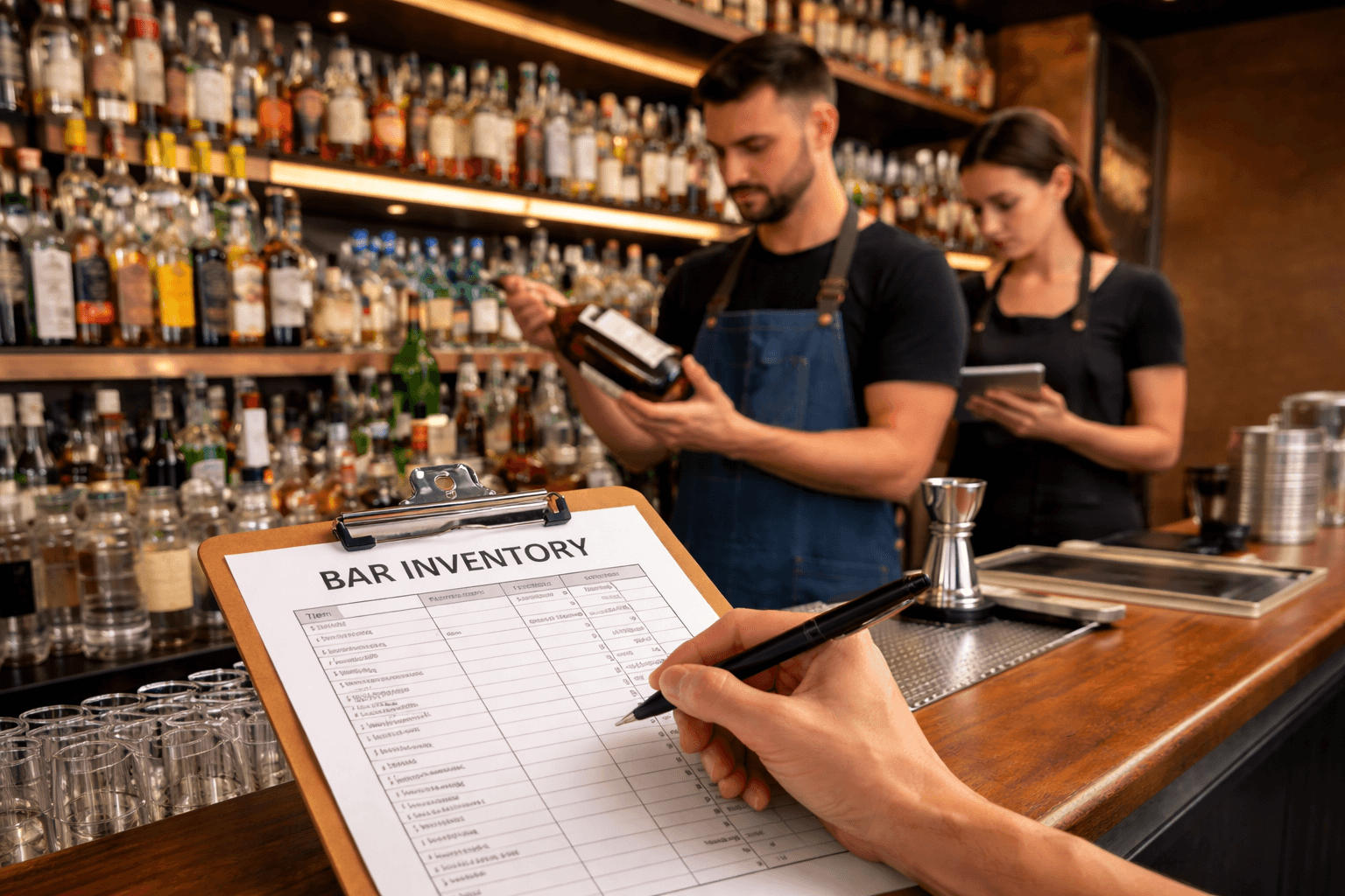bar manager counting liquor inventory with a clipboard and bottles on shelves