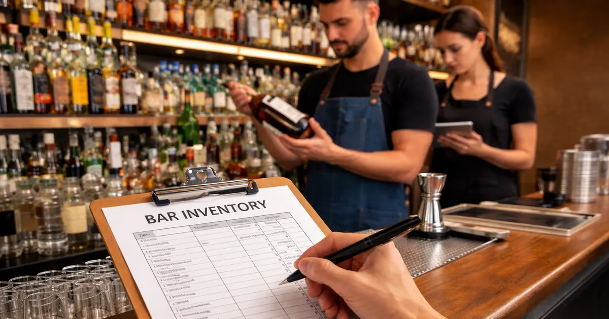 bar manager counting liquor inventory with a clipboard and bottles on shelves
