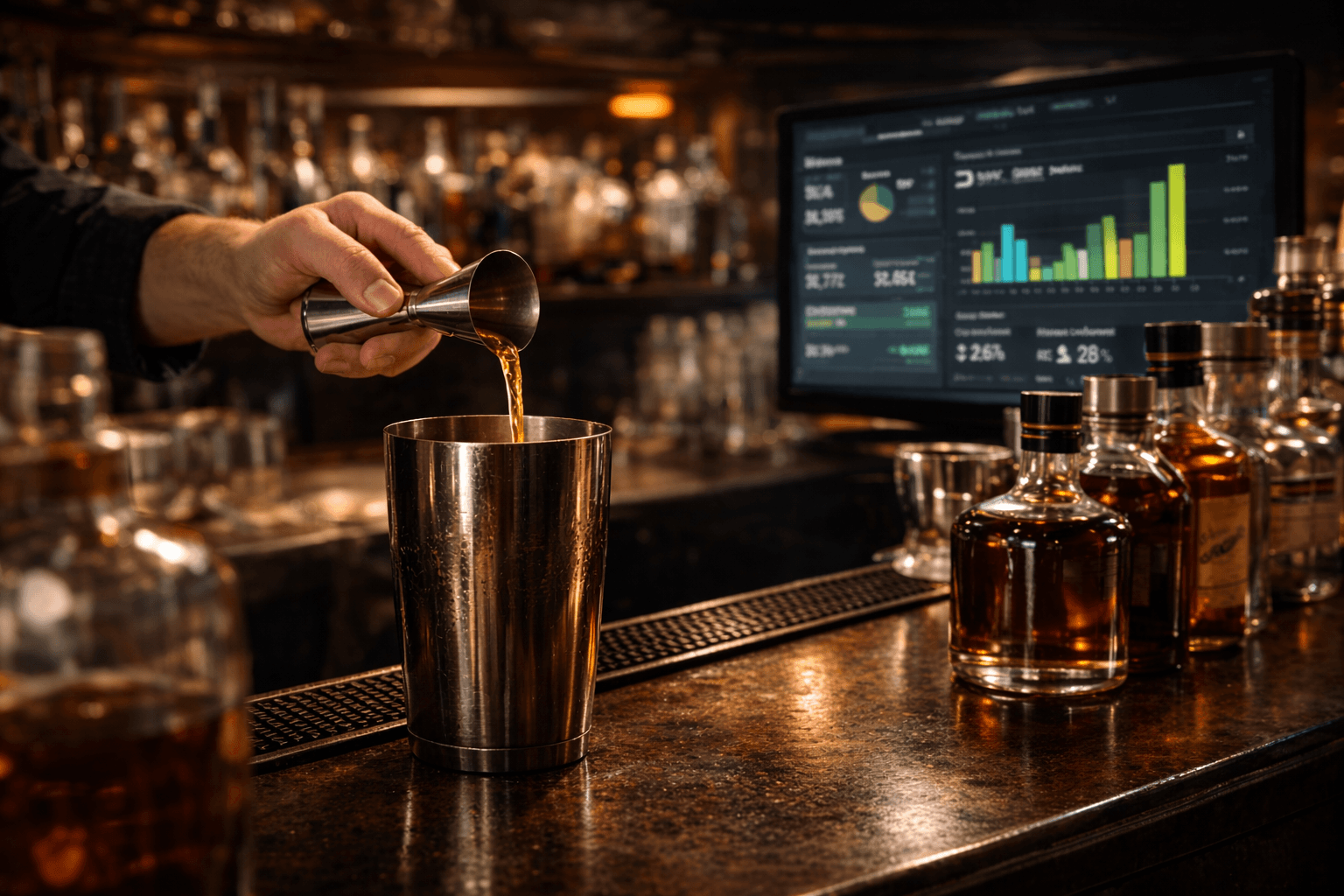 bartender pouring precise drink with inventory analytics
