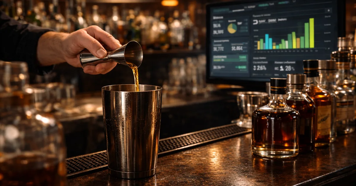 bartender pouring precise drink with inventory analytics