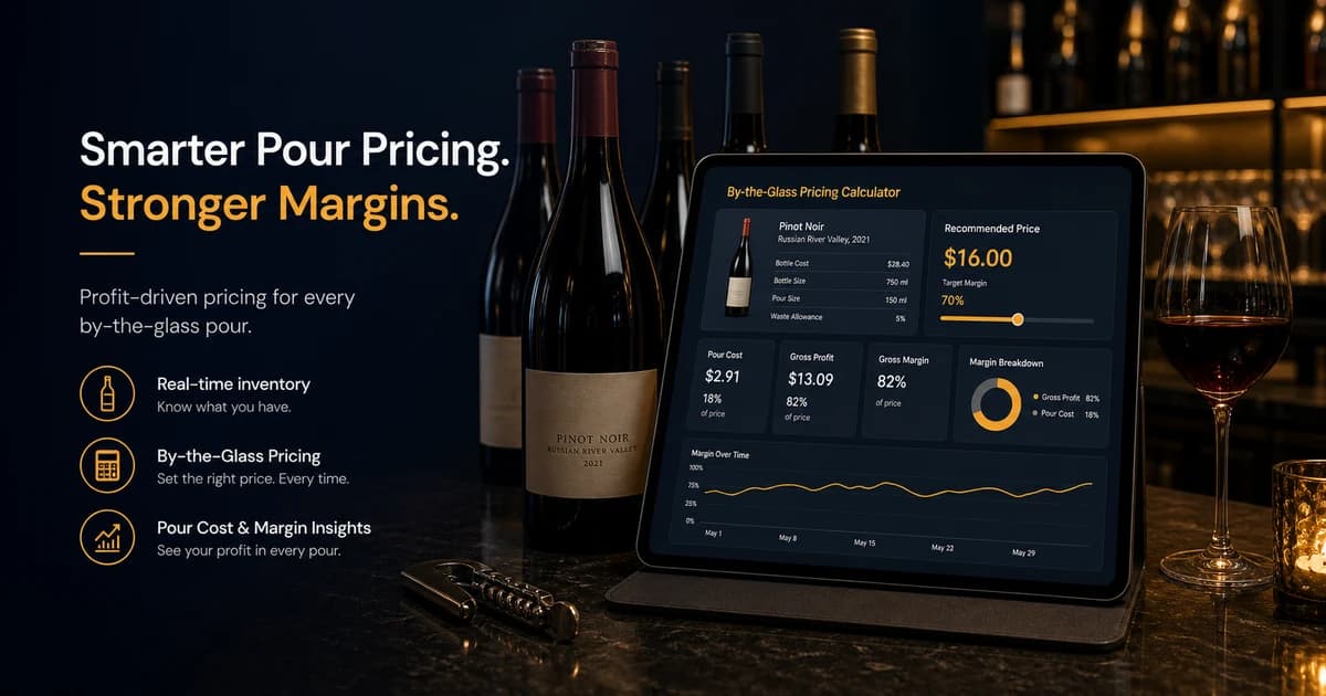 wine cost calculator dashboard showing by-the-glass pricing and pour cost for a bar