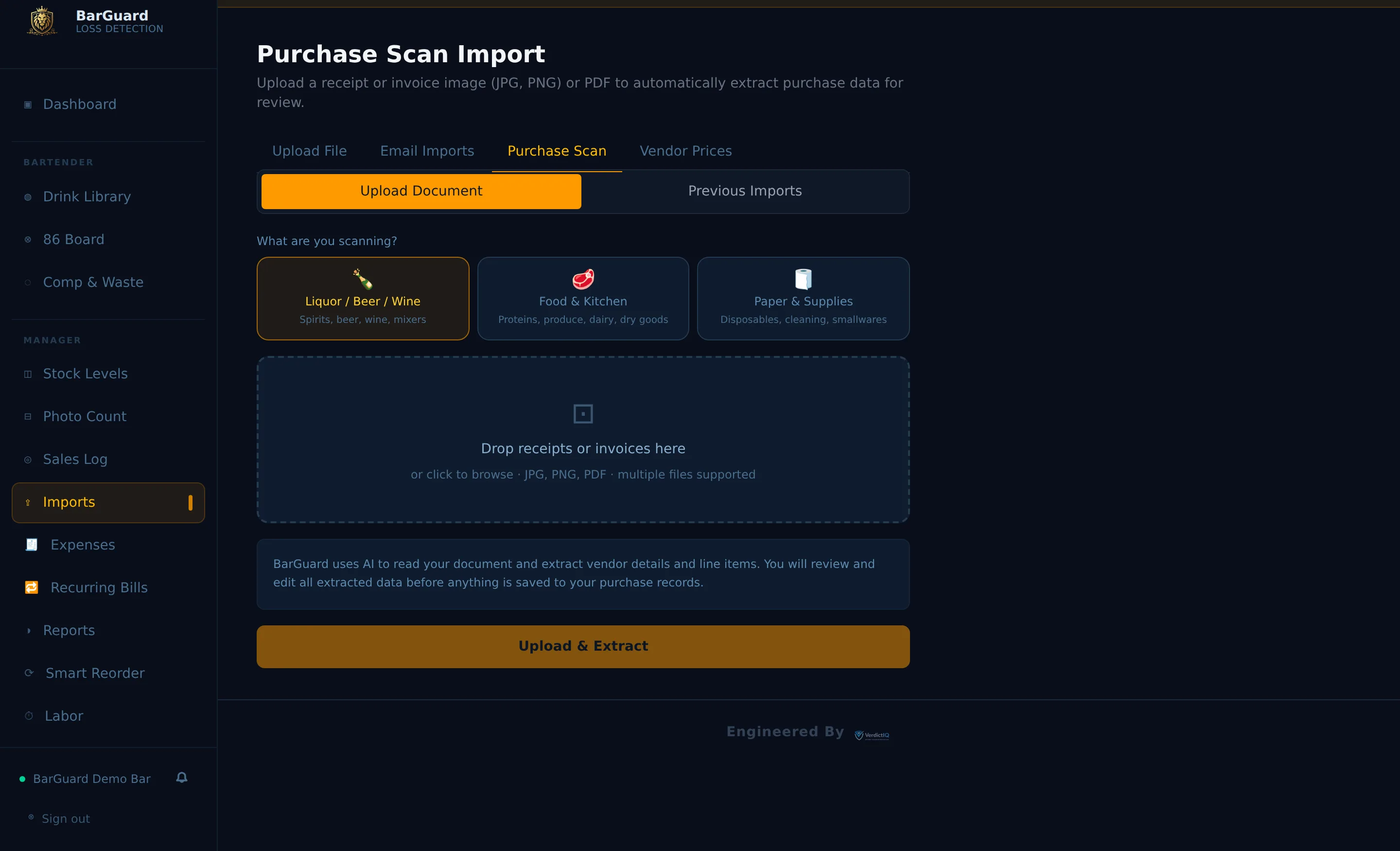 BarGuard purchase scan screen that uses AI to read a receipt or invoice and extract vendor and line items