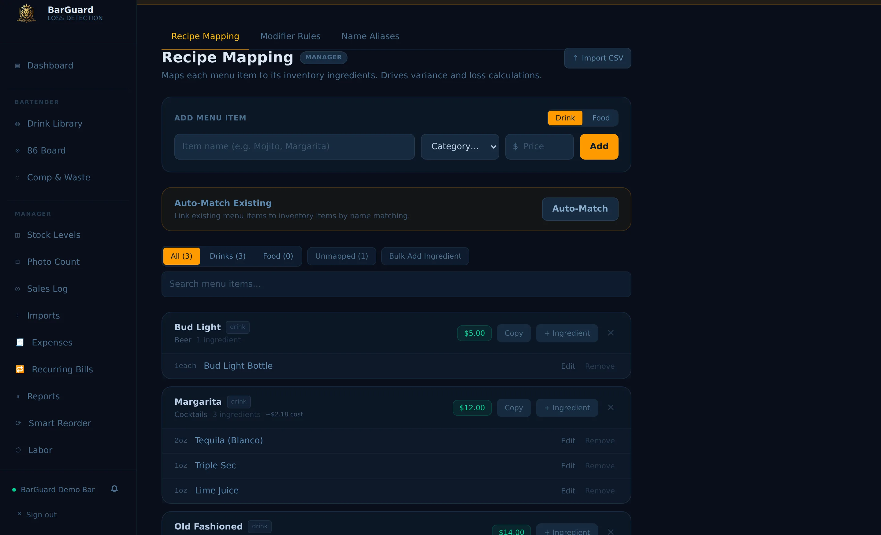 BarGuard recipe mapping screen linking each menu item to its inventory ingredients for costing and variance